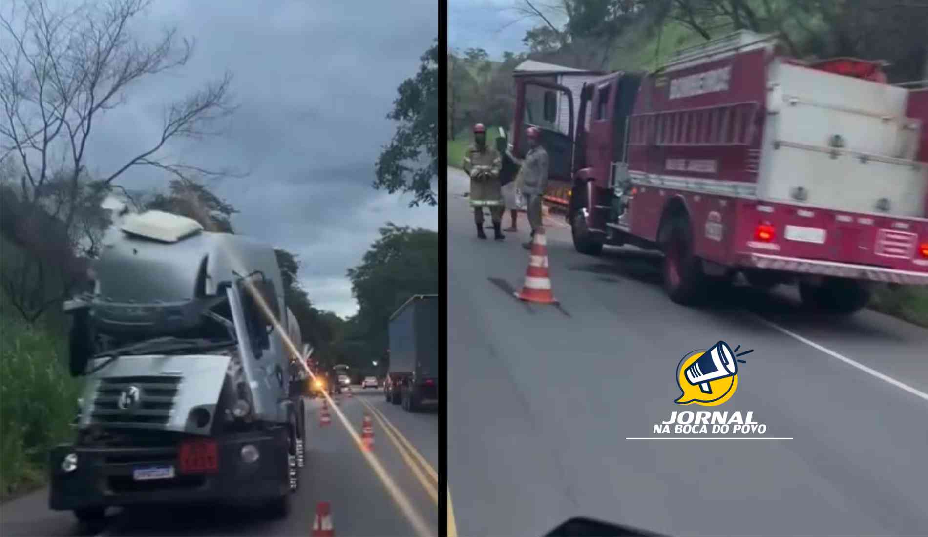 Motoristas saem ilesos após colisão entre caminhões na RJ-186, em Pádua